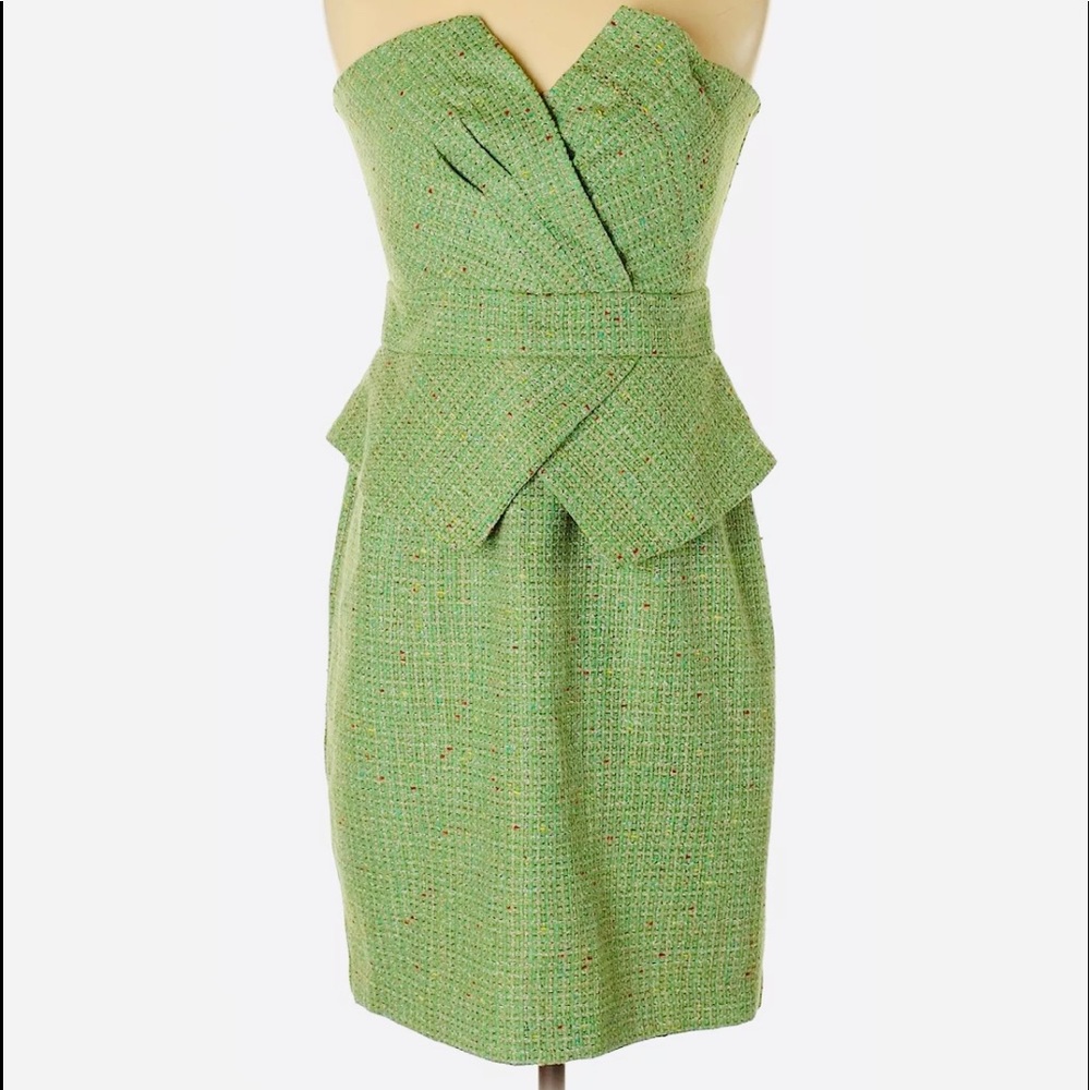 Green Peplum Tweed Strapless Dress, XS, Aryn K.